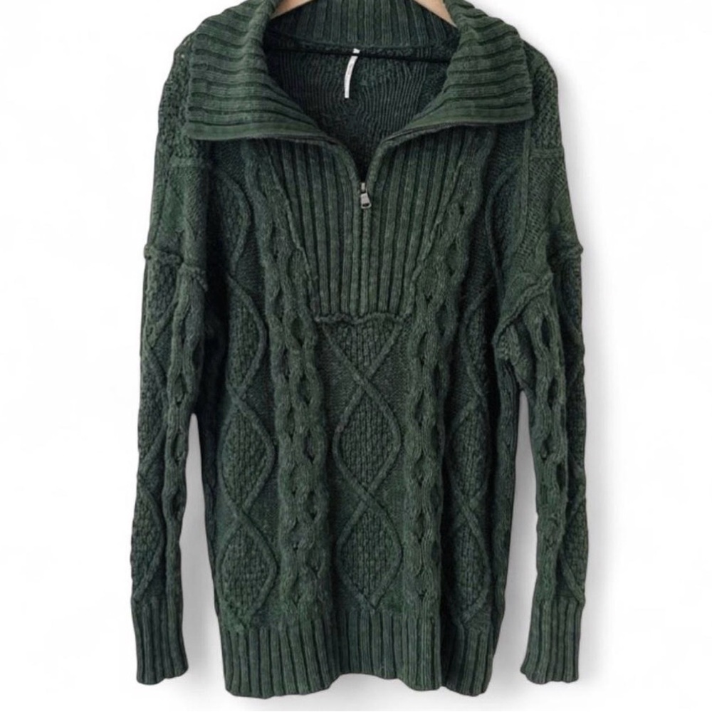 Free People Dark Green Cable Knit Half-Zip Sweater